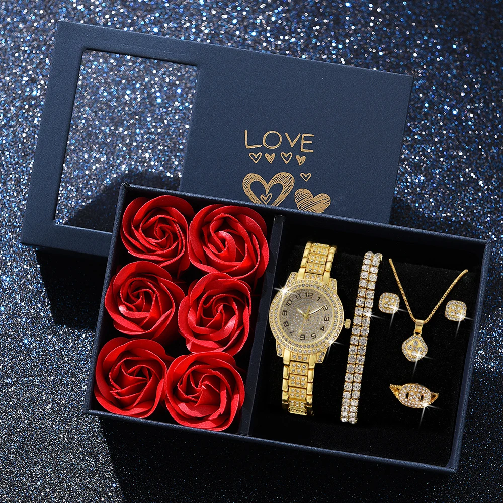 Relógio de pulso strass feminino Conjunto, colar, brincos, anel, pulseira, luxo, presente do dia dos namorados, moda, 6 peças - Image 2